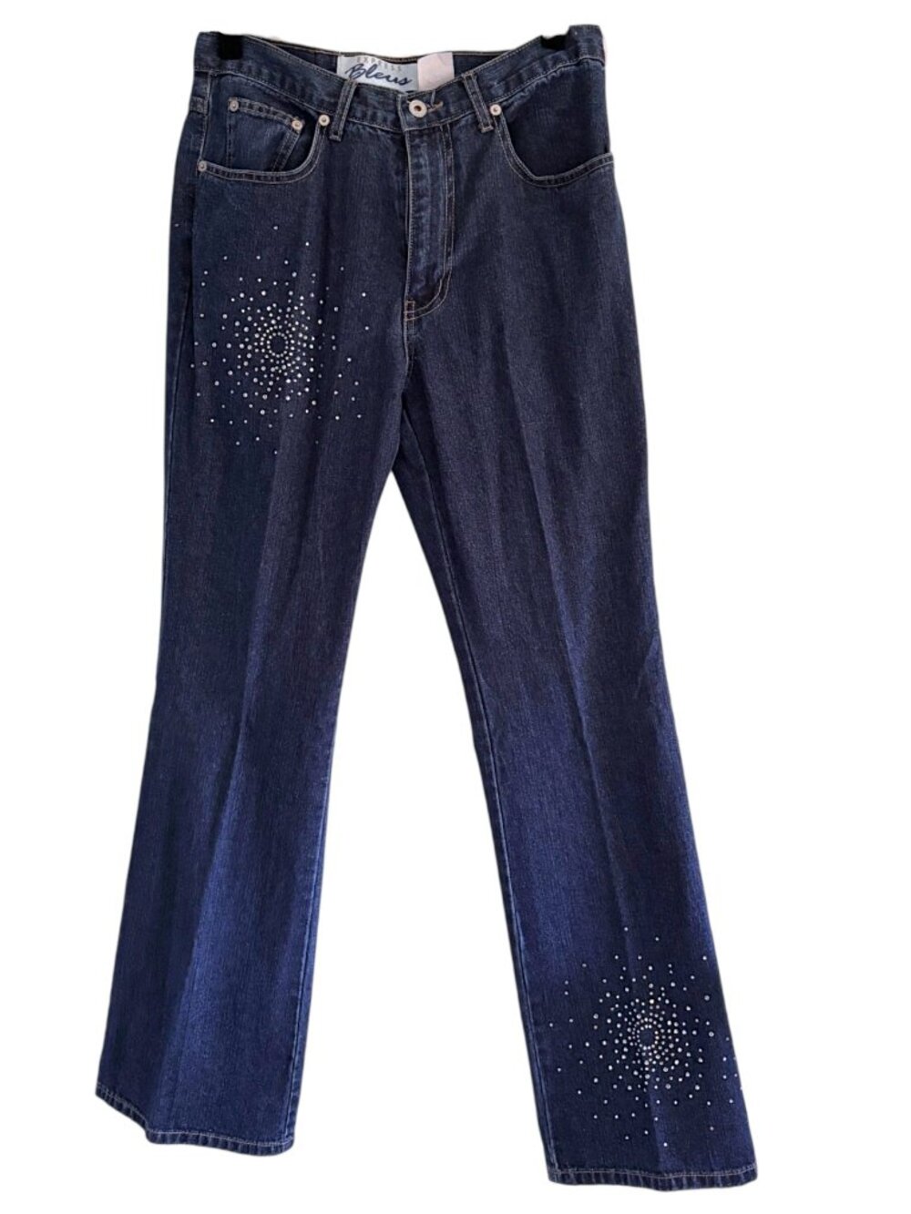 Vintage Express, Y2K Dark Wash Jeans with White Rhinestone Embellishments
